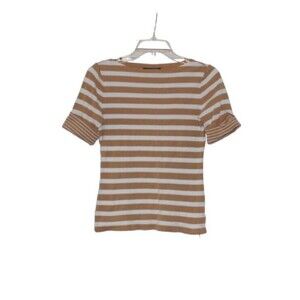 Lauren Ralph Lauren Knit Top Gold White Stripes T Shirt Rolled Cuffs Size S